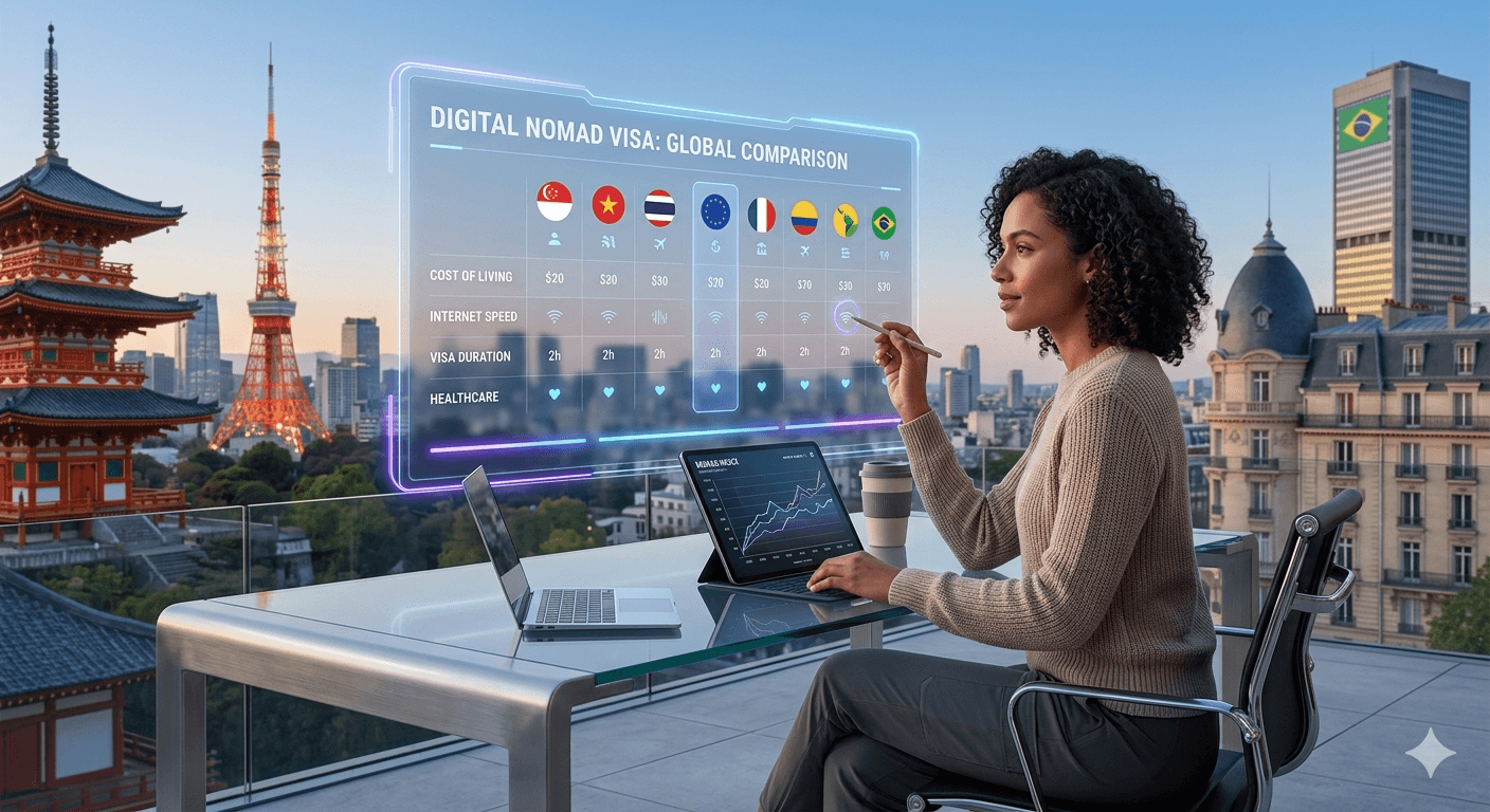 Digital nomad comparing visa options on screen