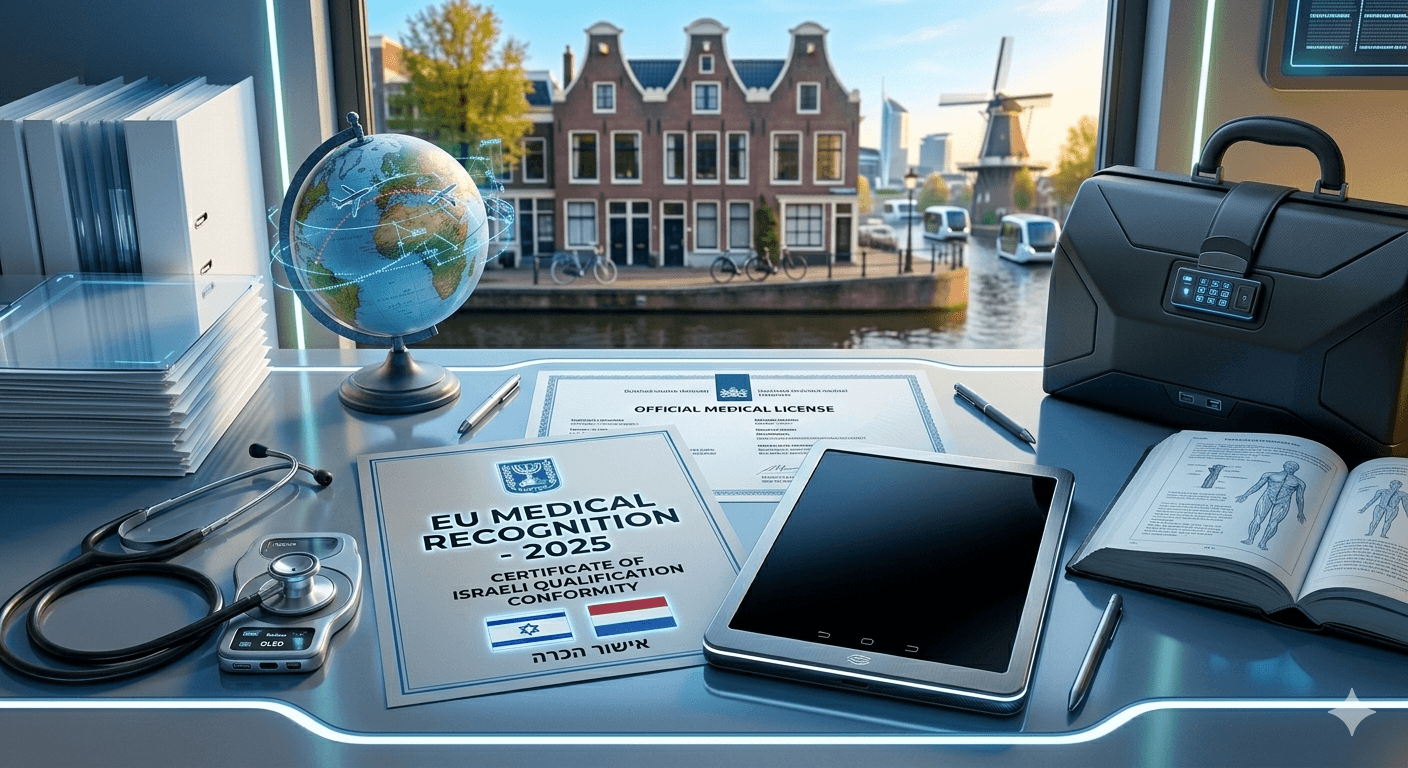 Healthcare professional documents with Amsterdam canal backdrop