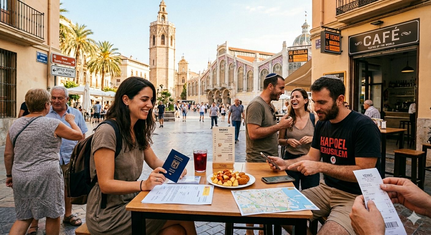 People at a sunny Spanish street cafe in Valencia