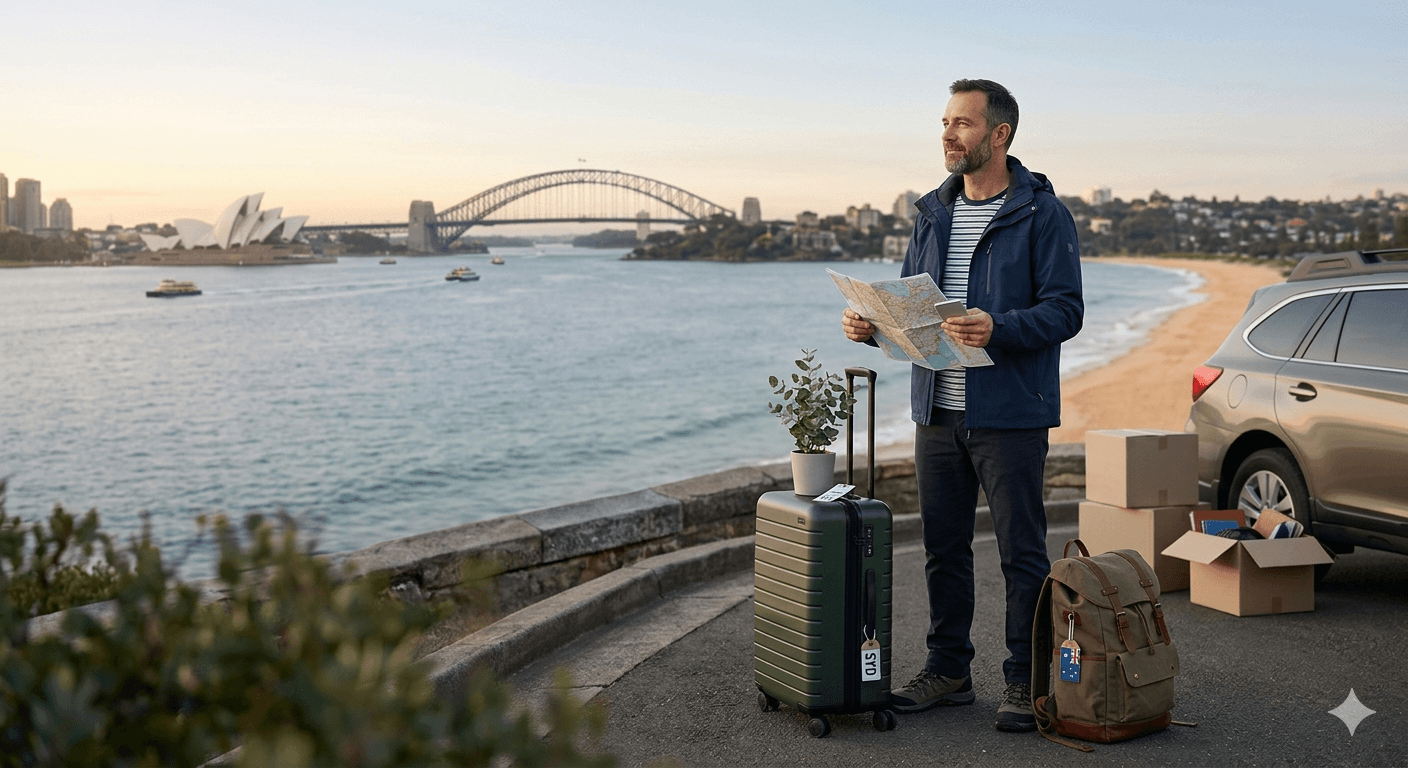 Man with suitcase overlooking Sydney Harbour Bridge — moving from the UK to Australia