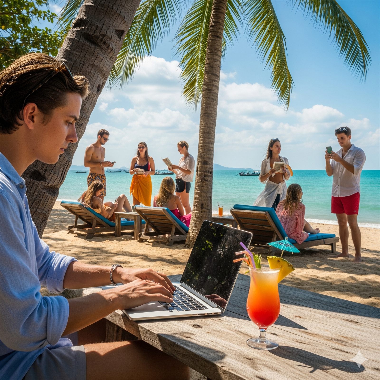Freelancer working remotely at a beach location