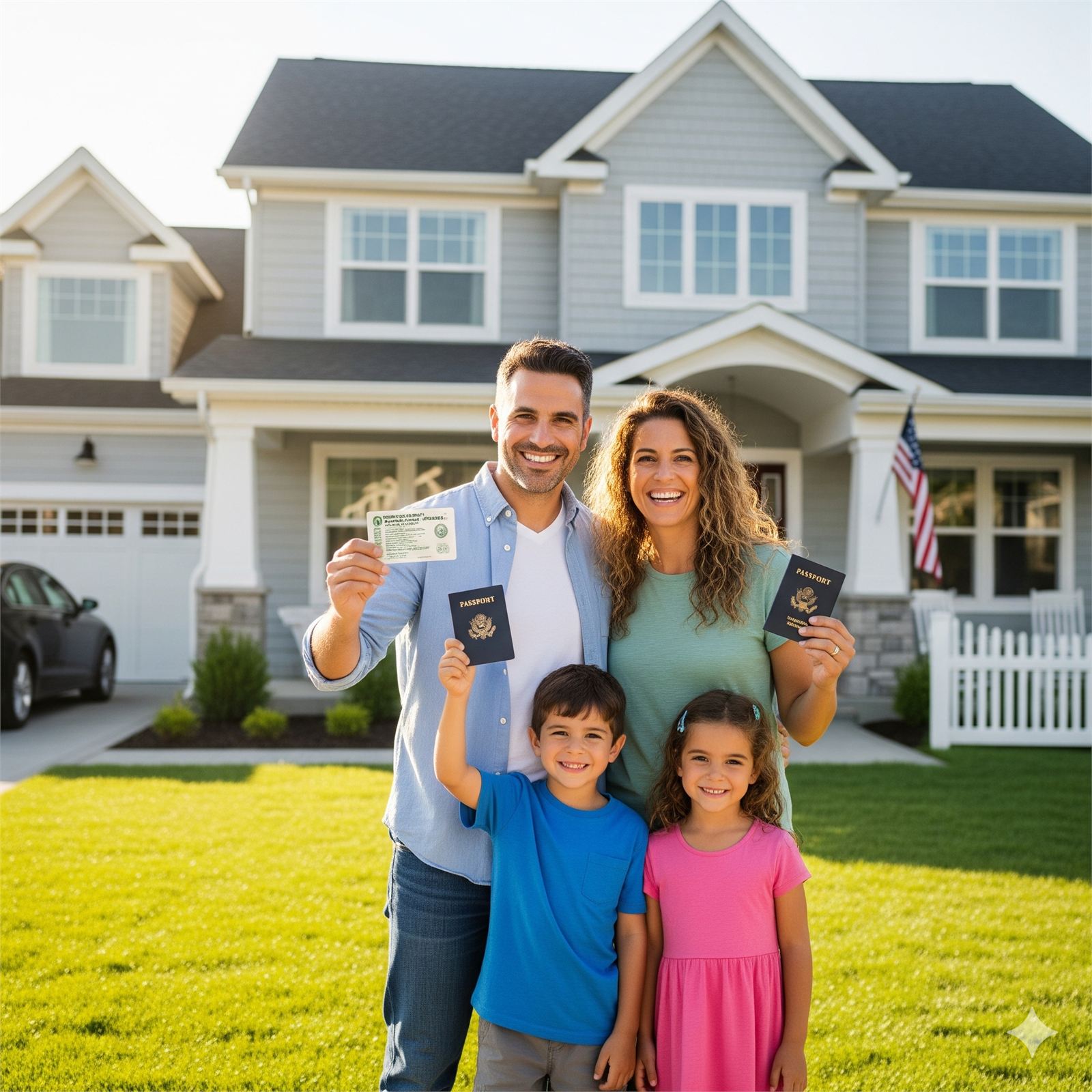 Family in front of their new home abroad