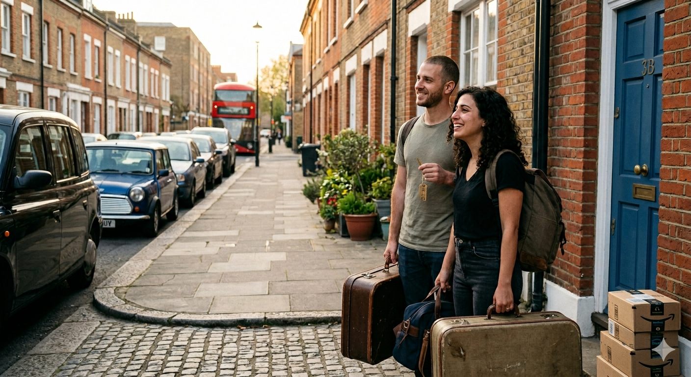 Couple with suitcases on a London street
